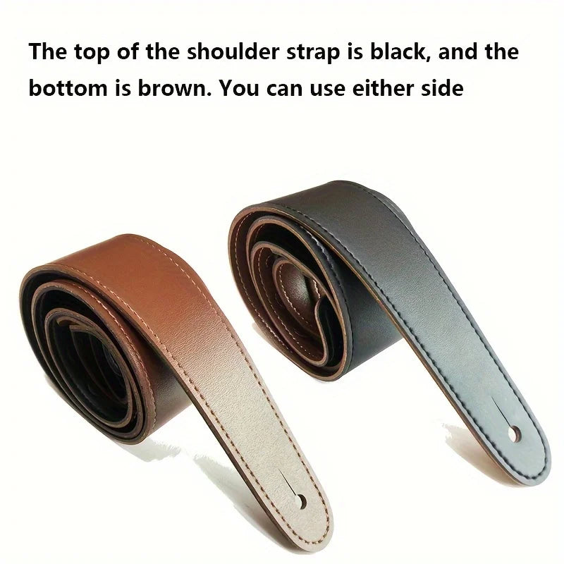Leather guitar strap in brown and black leather with contrasting stitching adjustable for electric acoustic bass guitars