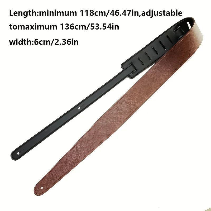 Brown leather guitar strap with black plastic adjuster and metal hardware for electric acoustic bass guitars