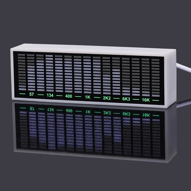 White rectangular led audio spectrum meter with black display and green frequency readings for car mounted usb use