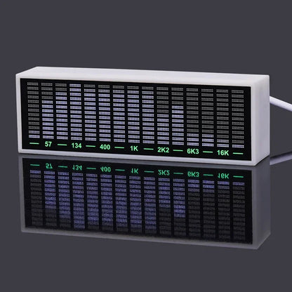 White rectangular led audio spectrum meter with black display and green frequency readings for car mounted usb use