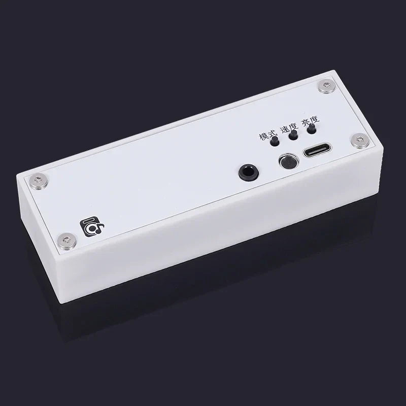 White rectangular led audio spectrum device with usb-c port and three black buttons for car mounted usb 5v use