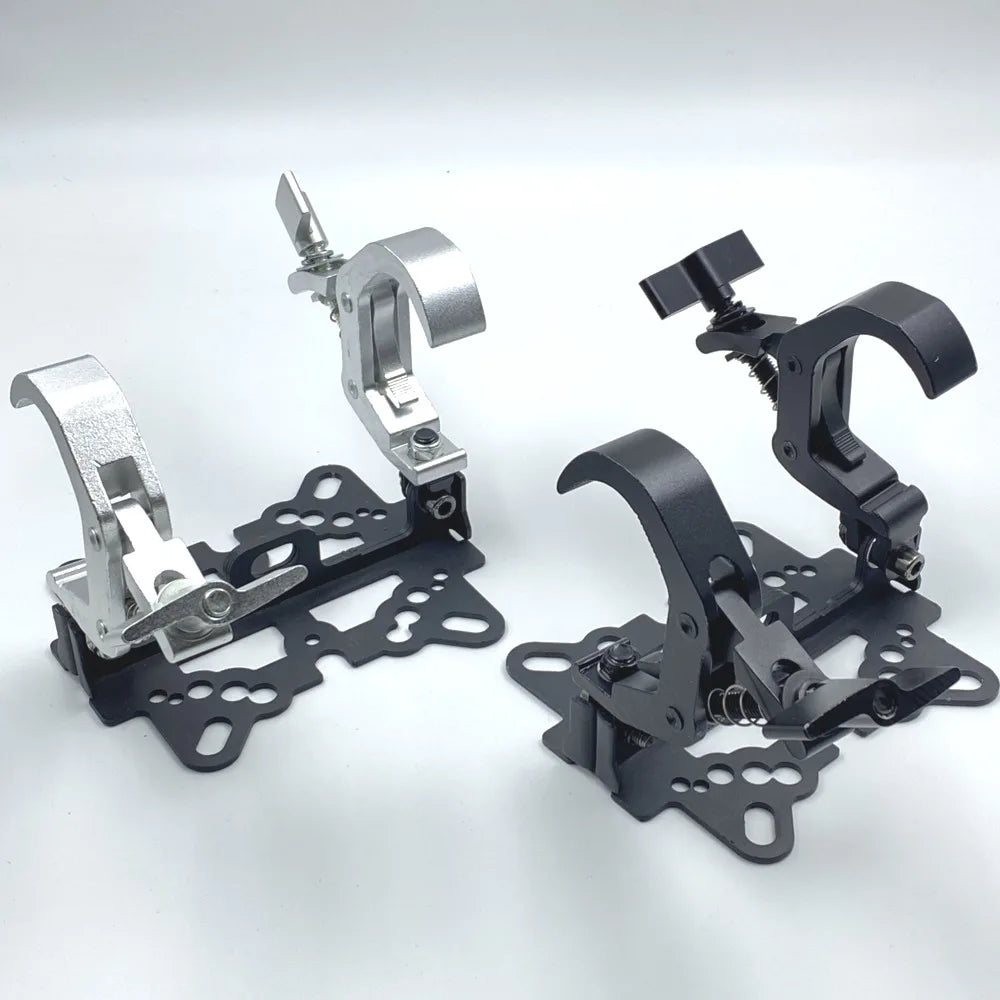 Black and silver aluminum moving head light clamp fast lock with adjustable dual hooks and spring mechanisms for truss mounting