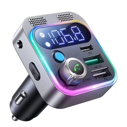 Silver led bluetooth 5.0 fm transmitter car charger adapter with digital display fast charging and deep bass sound