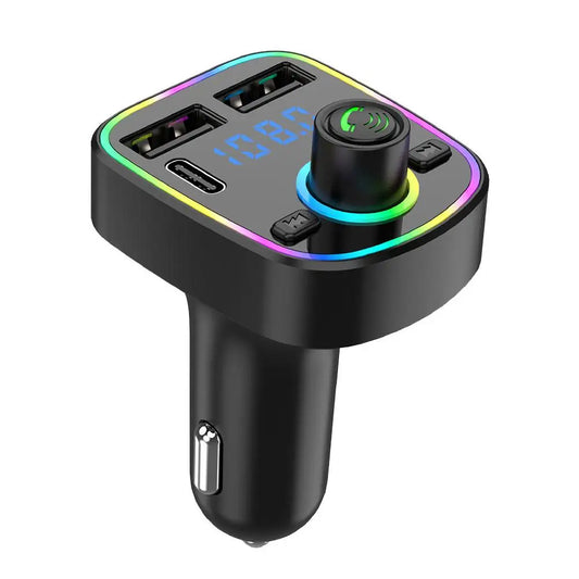 Black led bluetooth 5.0 fm transmitter car charger adapter with rainbow led, multiple usb ports, deep bass, and fast charging
