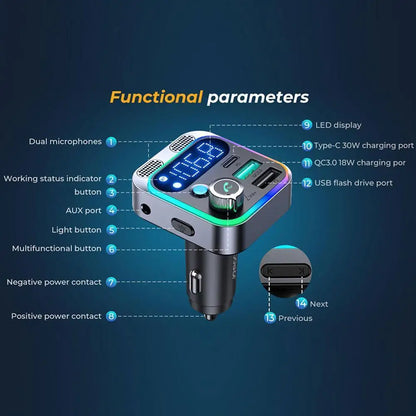 Silver and black led bluetooth 5.0 fm transmitter car charger adapter with deep bass fast charging usb type-c qc3.0 ports