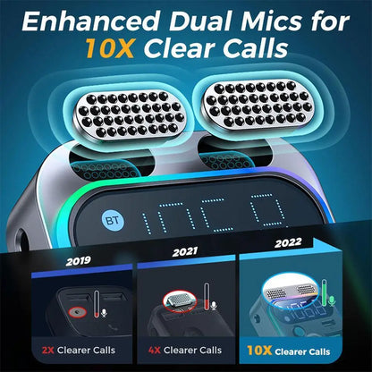 Silver and black smartwatch with dual microphones for enhanced call clarity paired with fast charging car charger adapter and deep bass sound