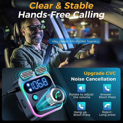 A sleek black and blue led bluetooth 5.0 fm transmitter with deep bass and fast charging car charger adapter