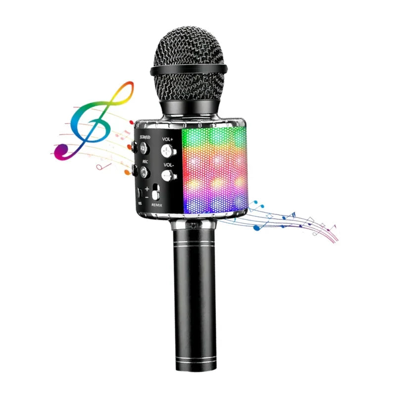 Black wireless led karaoke microphone with mesh grille, colorful led lights, control buttons, and voice-changing modes, bluetooth speaker compatible
