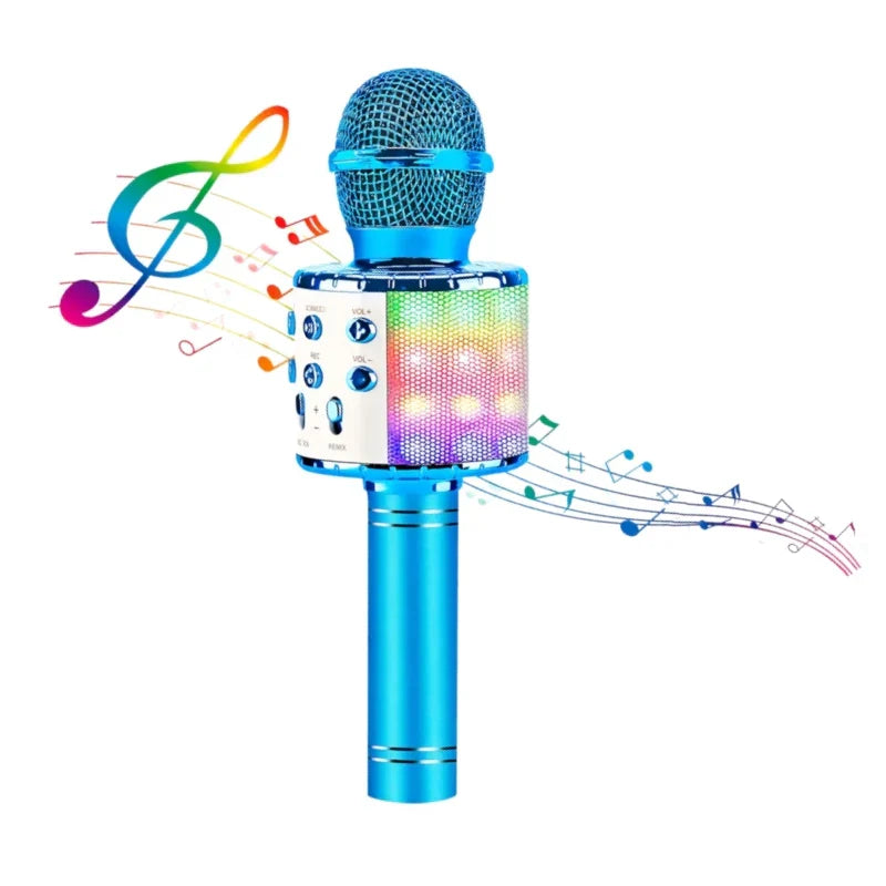 Blue wireless led karaoke microphone with mesh grille, colorful led lights, control buttons, bluetooth speaker compatible and voice-changing modes