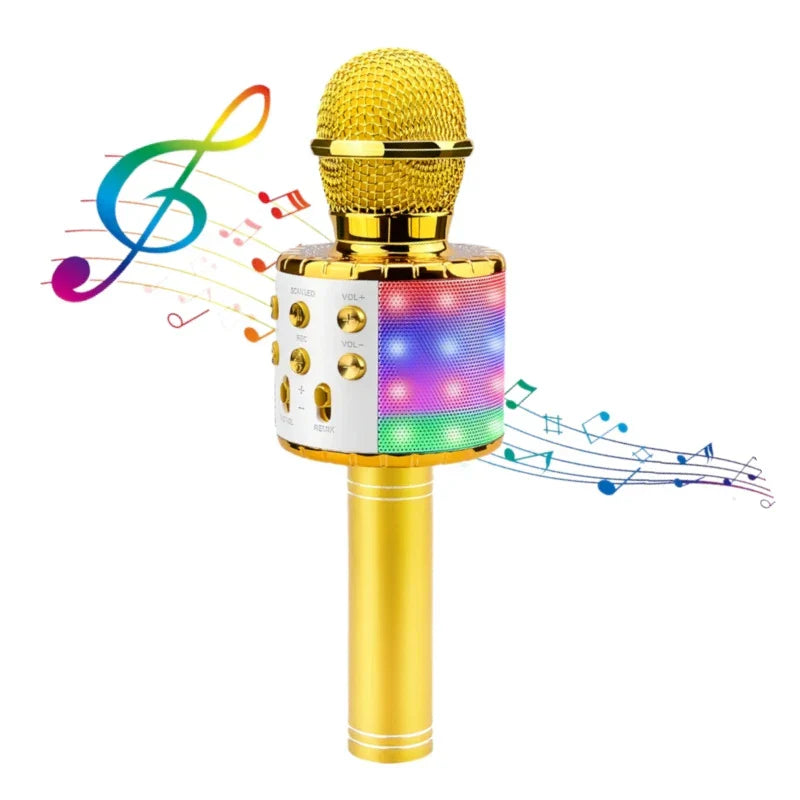 Gold-colored led karaoke microphone with mesh grille, colorful led lights, control buttons, bluetooth speaker compatible with voice-changing modes