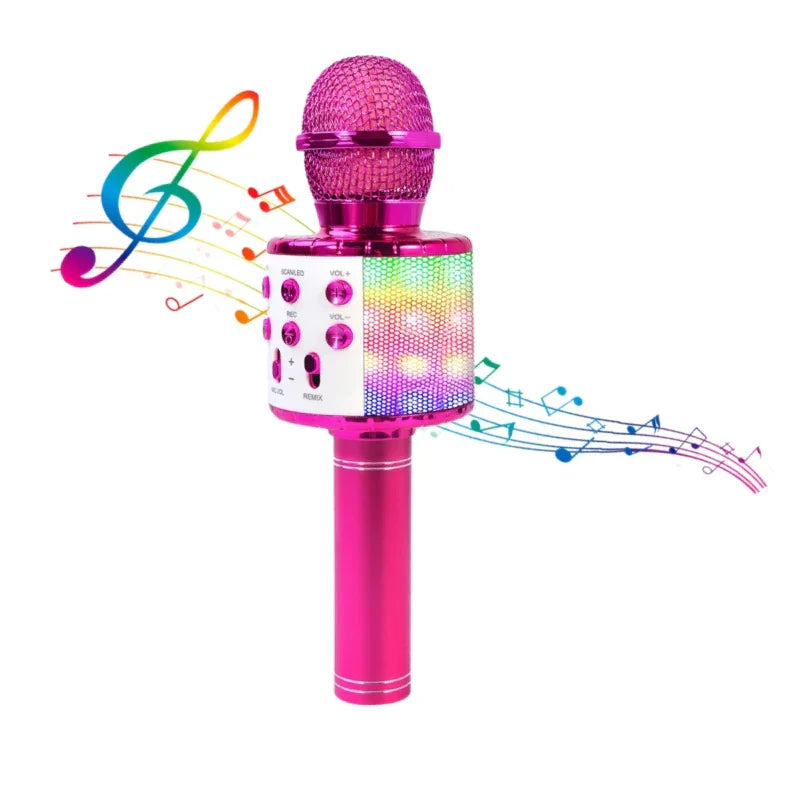 A vibrant pink led karaoke microphone with mesh grille, rainbow led lights, voice-changing modes, and bluetooth speaker compatible
