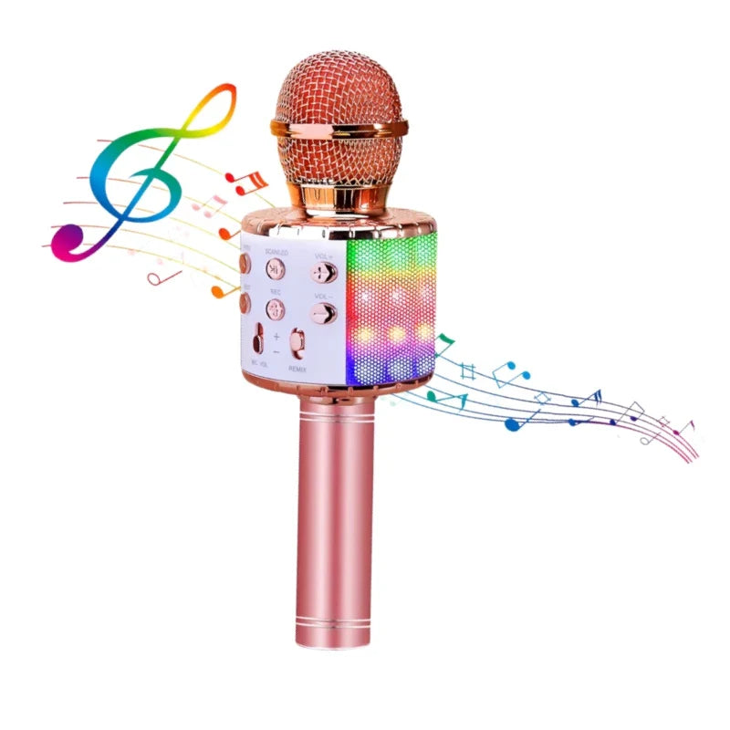Rose gold led karaoke microphone with mesh grille, colorful led panel, control buttons, bluetooth speaker compatible, voice-changing modes