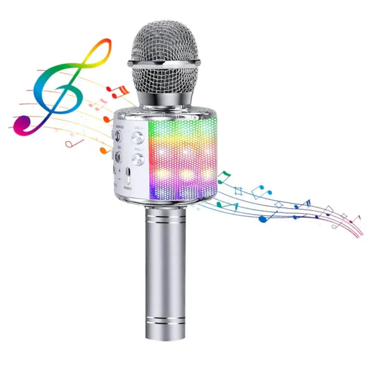 Silver led karaoke microphone with mesh grille and rainbow led lights featuring voice-changing modes and bluetooth speaker compatibility