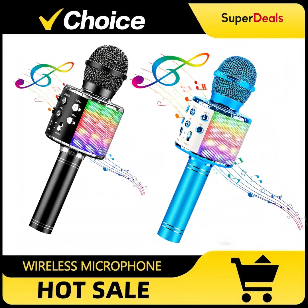 Black and blue led karaoke microphone with colorful led lights, voice-changing modes, and bluetooth speaker compatible