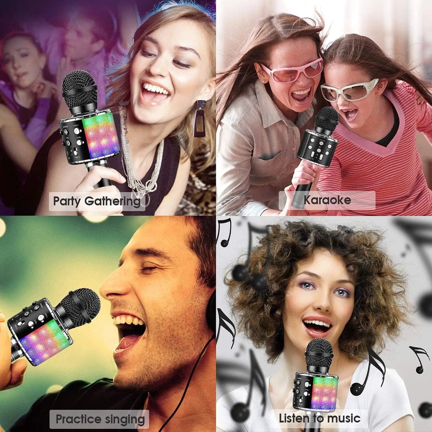 Black led karaoke microphone with colorful led light panel featuring voice-changing modes and bluetooth speaker compatible design