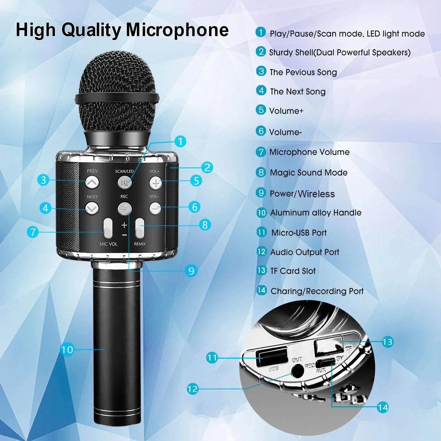 Black led karaoke microphone with mesh grille aluminum handle multiple buttons bluetooth speaker compatible voice-changing modes