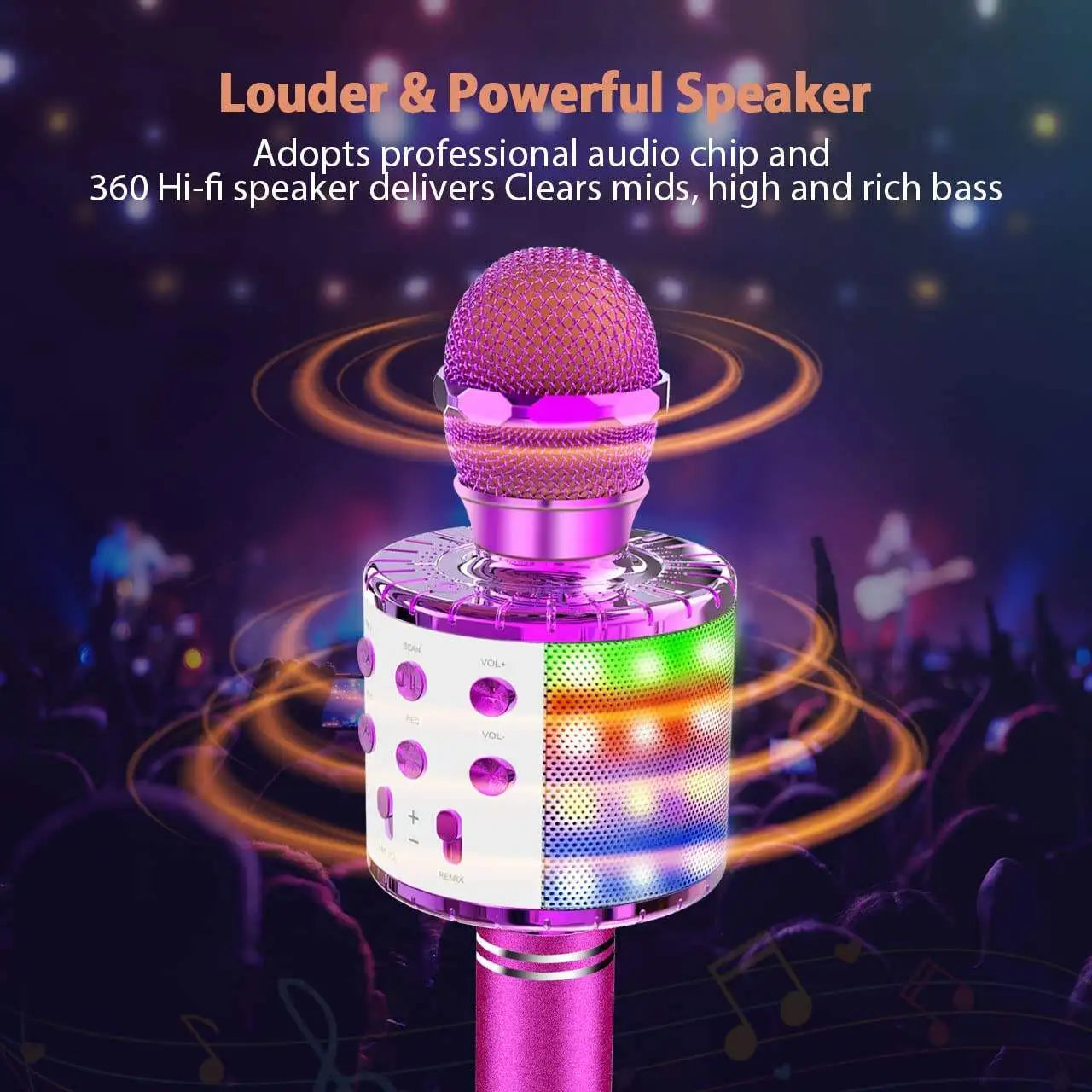 Pink wireless led karaoke microphone with mesh grille colorful led lights and control buttons bluetooth speaker compatible with voice-changing modes