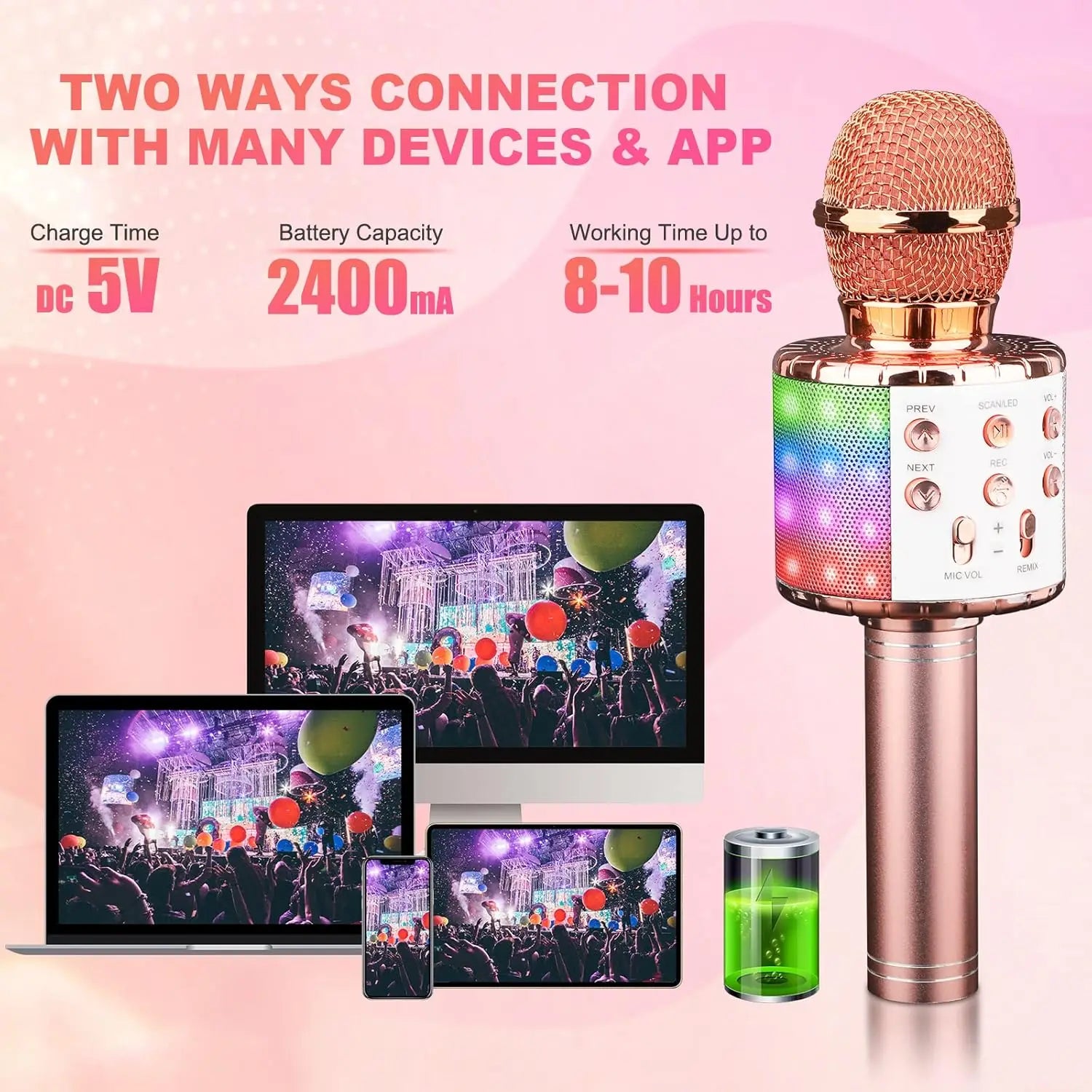 Rose gold led karaoke microphone with mesh grille, colorful led light ring, metallic buttons, bluetooth speaker compatible and voice-changing modes
