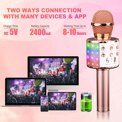 Rose gold led karaoke microphone with mesh grille, colorful led light ring, metallic buttons, bluetooth speaker compatible and voice-changing modes