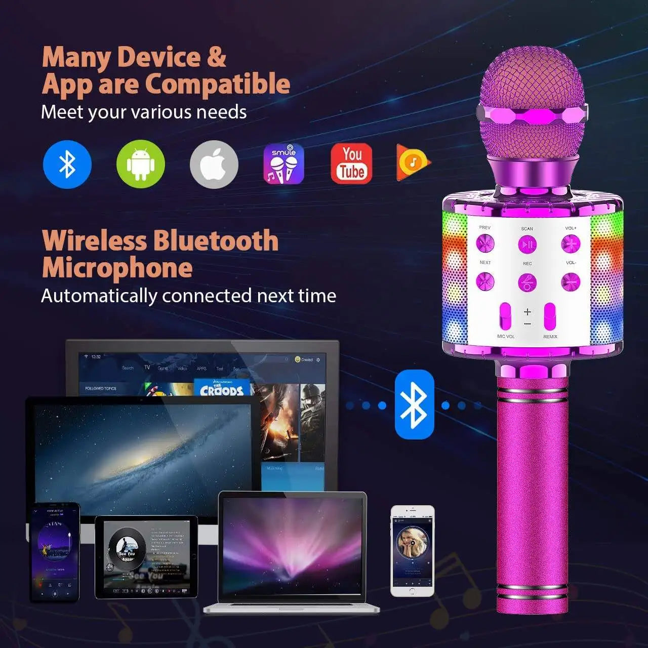 A vibrant pink led karaoke microphone with mesh grille, colorful led lights, voice-changing modes, and bluetooth speaker compatible