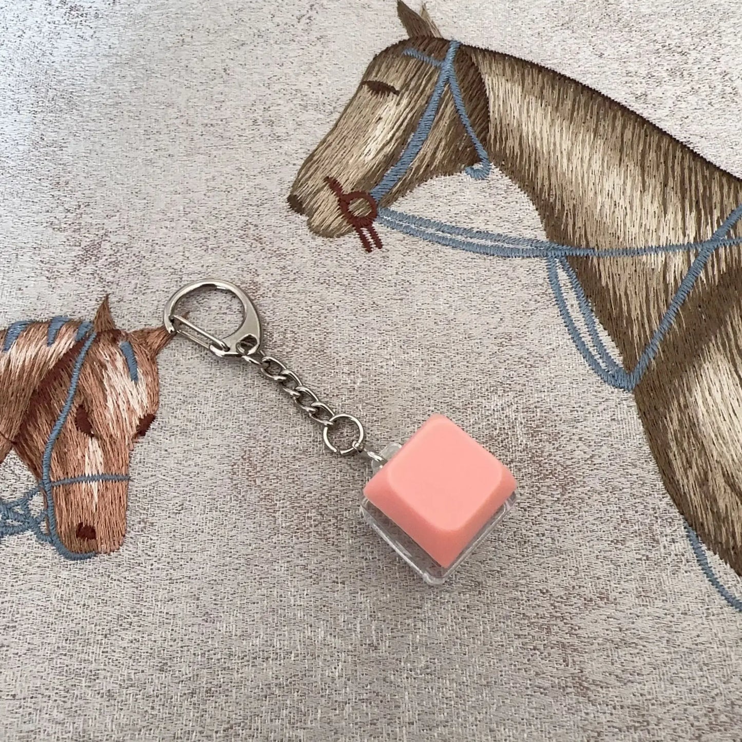 Pink translucent cube keyboard key chain with silver metal ring designed as chain toy stress relief diy button gadget