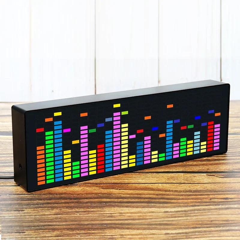 Black rectangular led music spectrum electronic clock with colorful pixelated rainbow bar graphs for rhythm car audio use