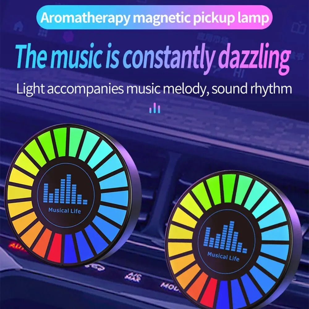 Circular rgb pickup light rhythm lamp with colorful segmented ring and central black display showing music sound control waveform for car ambient light