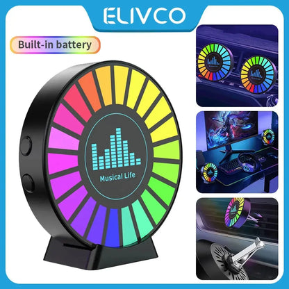 Black circular elivco led music sound control fan with rainbow segments and central digital pickup light rhythm display for car ambient light