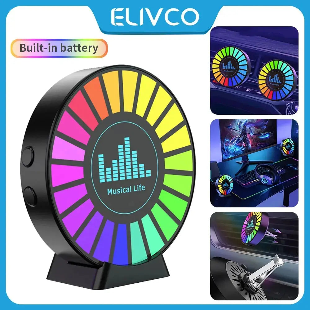 Black circular elivco led music sound control pickup light rhythm fan with rainbow segments and car ambient light display