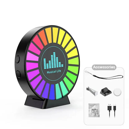 Led music sound control black circular speaker with rainbow pickup light rhythm and car ambient light display