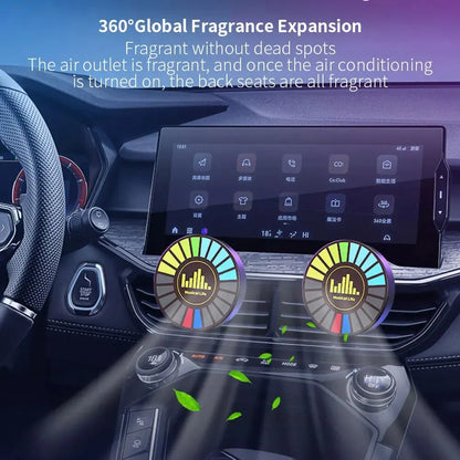 Two circular multi-colored music sound control fragrance diffusers with musical life logo mounted in car air vents for ambient light