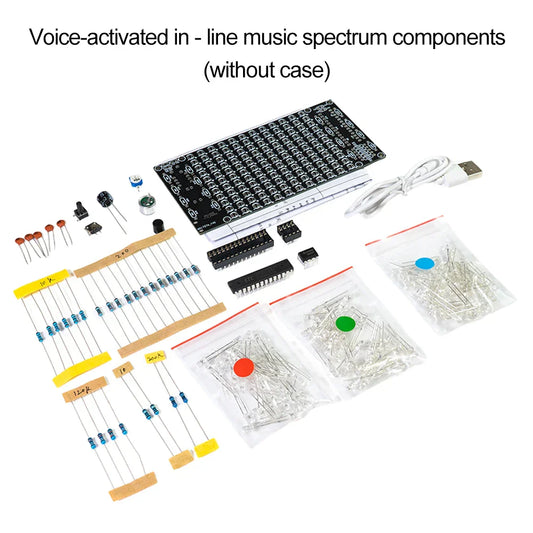 Black printed circuit board with silver solder pads for voice-activated led music spectrum loudspeaker diy kit assembly
