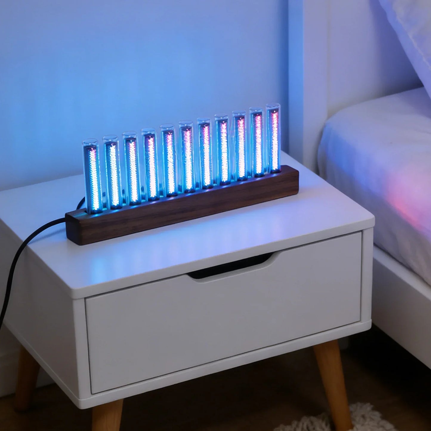 Blue-lit nixie tube clock with dark wood base featuring led music spectrum display and adjustable color light tubes
