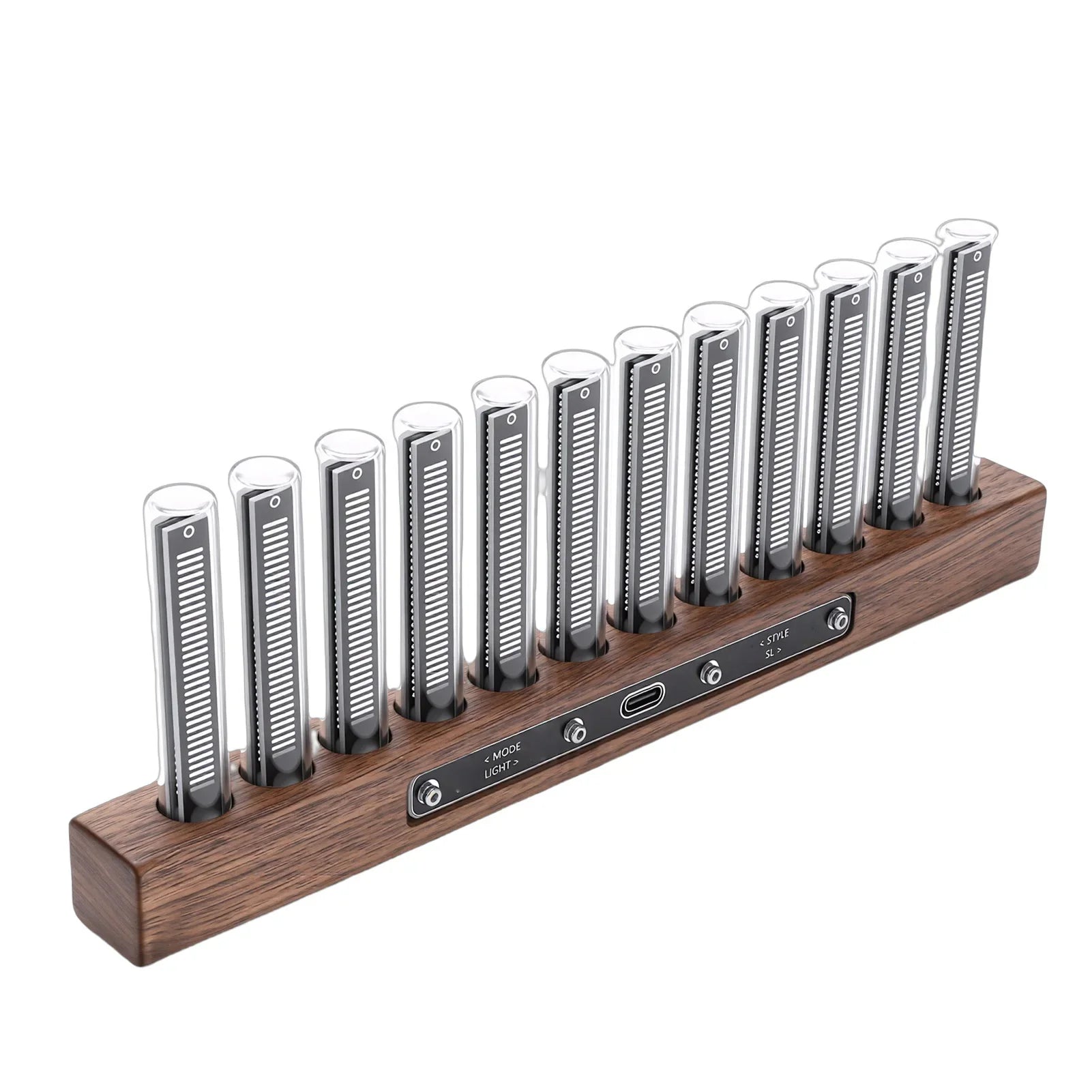 A sleek modern led music spectrum display with ten transparent glass tubes and metallic ridges on a dark wood base