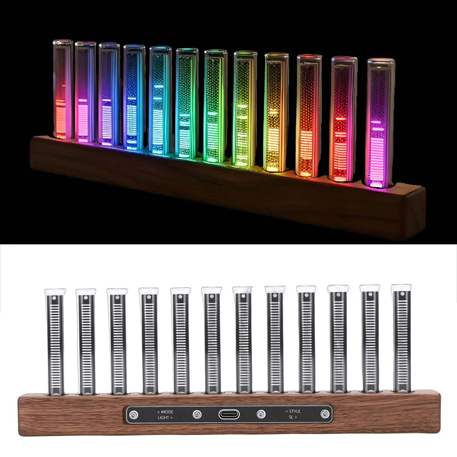 A sleek wooden base holds ten illuminated led music spectrum tubes glowing in rainbow colors with etched markings