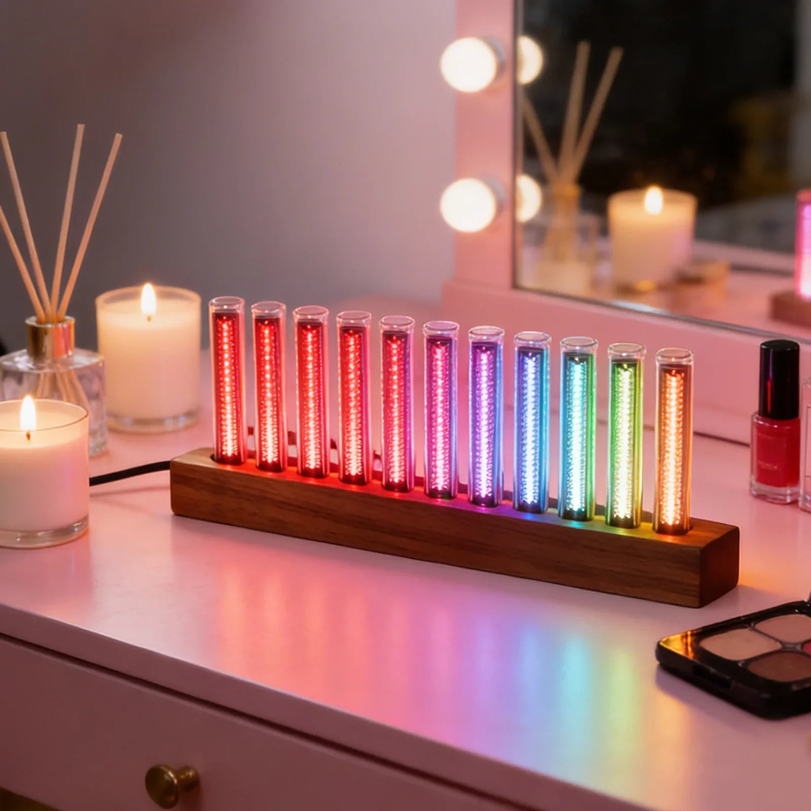 A wooden base holding ten clear glass test tubes glowing in rainbow led colors for led music spectrum display