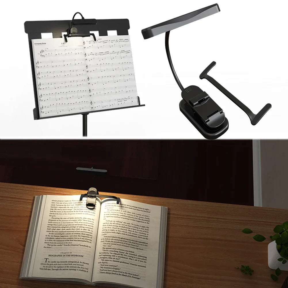 Black adjustable music stand light with flexible arm, rechargeable clip, and stepless dimming for reading music sheets