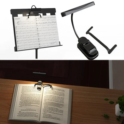 Black adjustable music stand light with flexible arm, rechargeable clip, and stepless dimming for reading music sheets