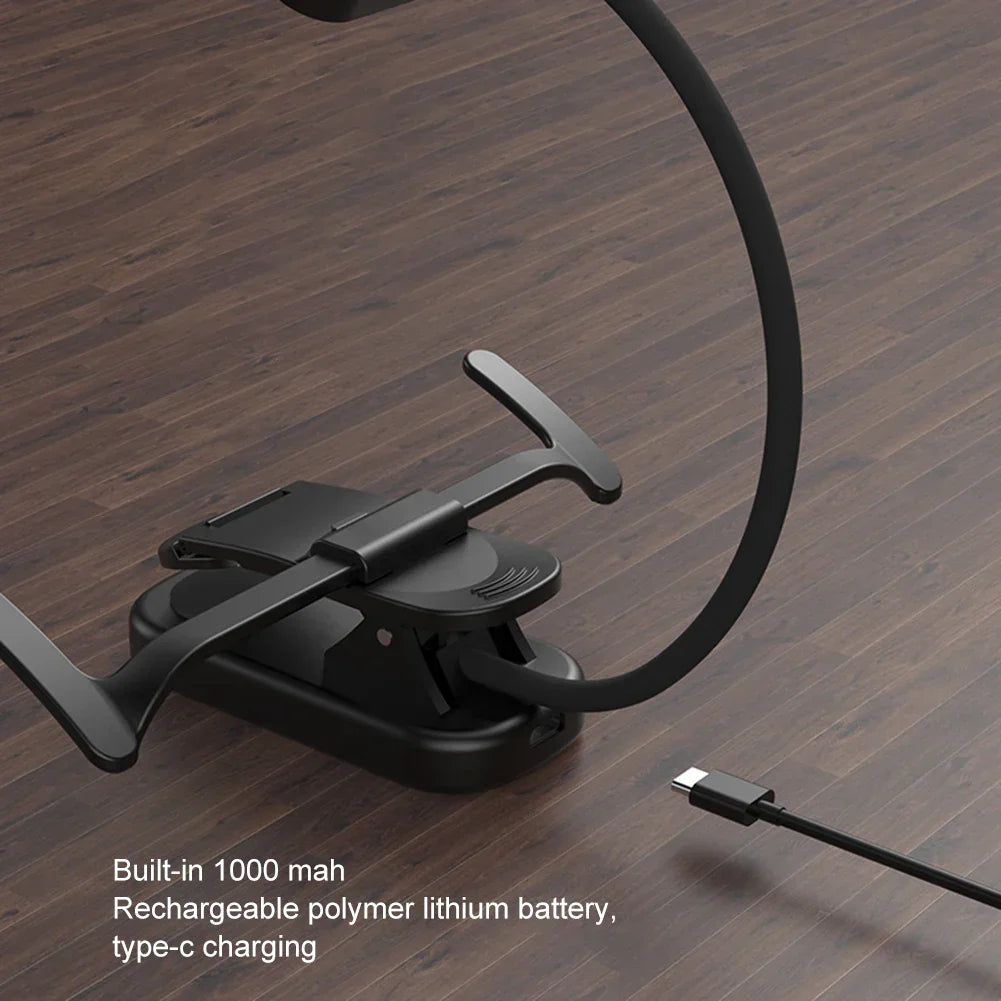 Black curved music stand light with rechargeable clip type-c port and built-in 1000 mah battery for stepless dimming