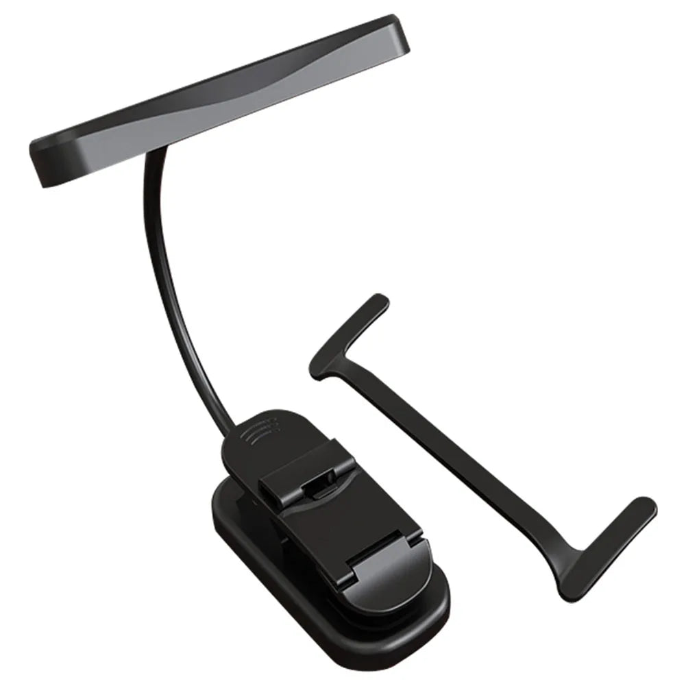 Black clip-on rechargeable music stand light with flexible gooseneck and stepless dimming USB-C clip on reading light