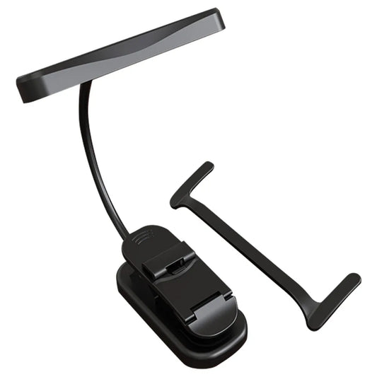 Black clip-on rechargeable music stand light with flexible gooseneck and stepless dimming USB-C clip on reading light