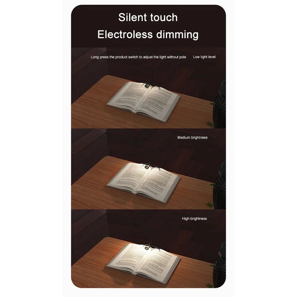A sleek black rechargeable clip music stand light with silent touch stepless dimming for piano sheet music reading