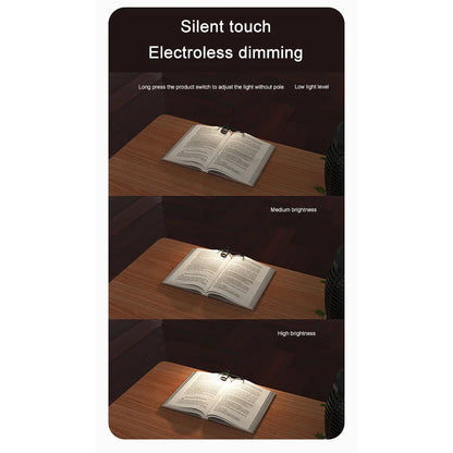 A sleek black rechargeable clip music stand light with silent touch stepless dimming for piano sheet music reading