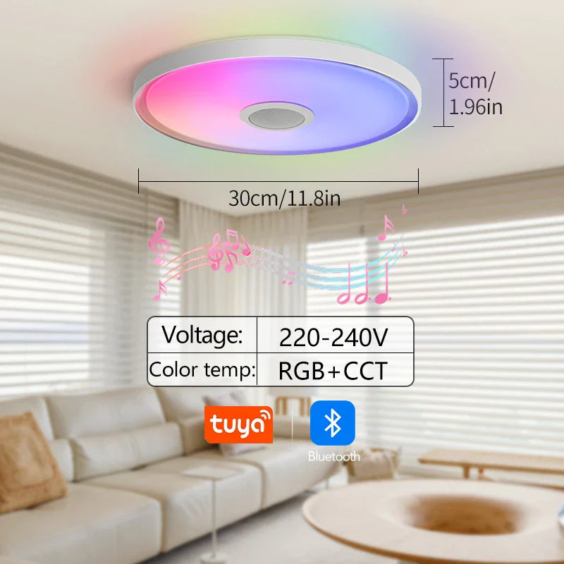 Round modern led smart ceiling lamp with white frame and vibrant rgb cct color changing ring for living rooms