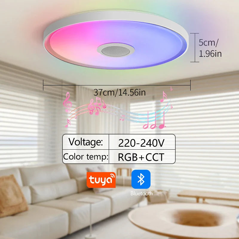 A sleek led smart ceiling lamp with rgb color-changing led, remote control dimming, and integrated speaker for home use