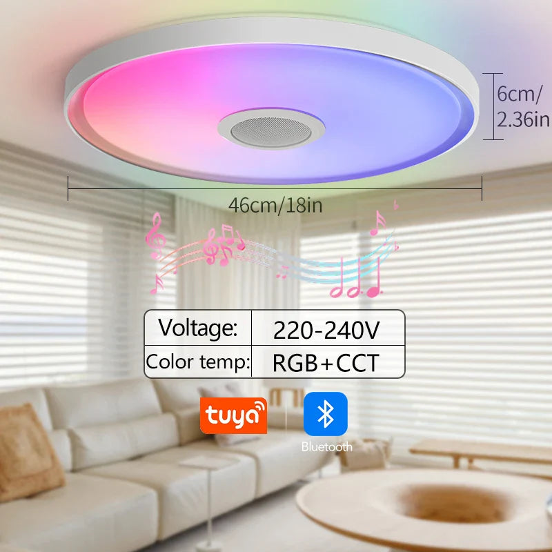 Circular led smart ceiling lamp with rgb cct color-changing illumination, remote control dimming, and built-in speaker in white frame
