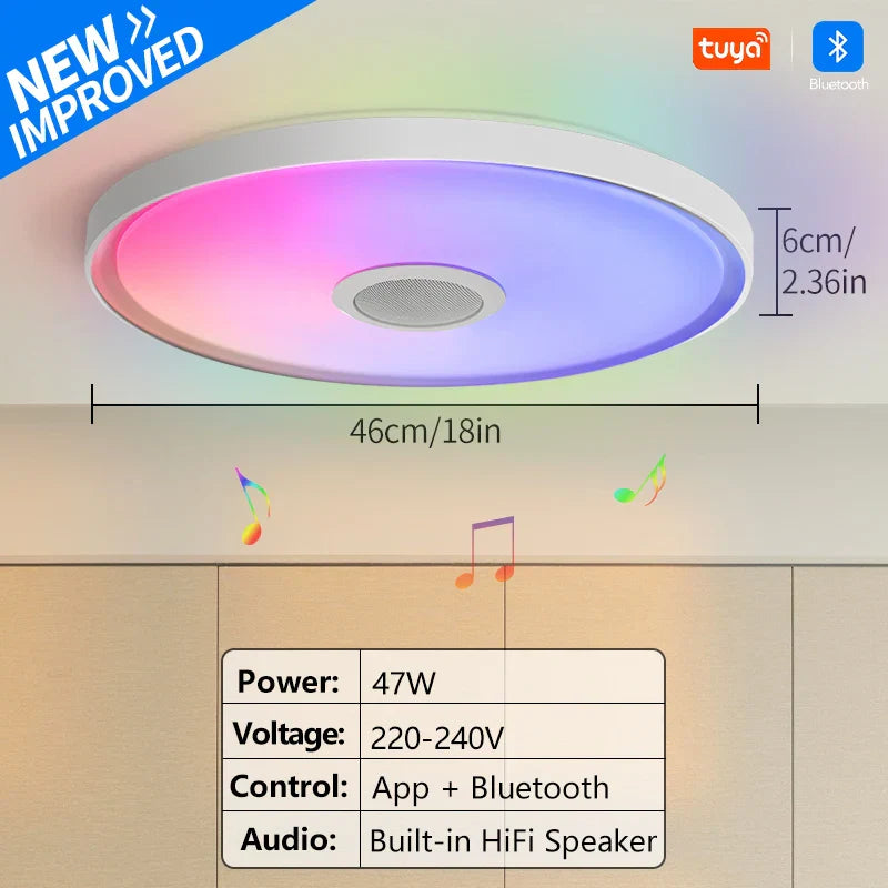 Circular led smart ceiling lamp with white frame rgb lighting and remote control dimming featuring tuya logo