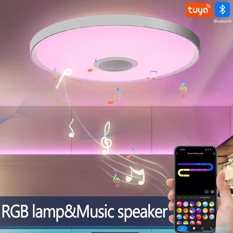 Circular led smart ceiling lamp with silver frame soft pink rgb lighting and integrated bluetooth speaker for remote control dimming