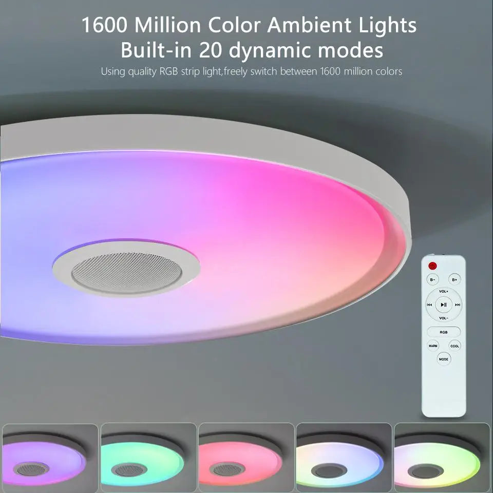 Round led smart ceiling lamp with white frame, rgb ambient lighting, remote control dimming, and integrated speaker