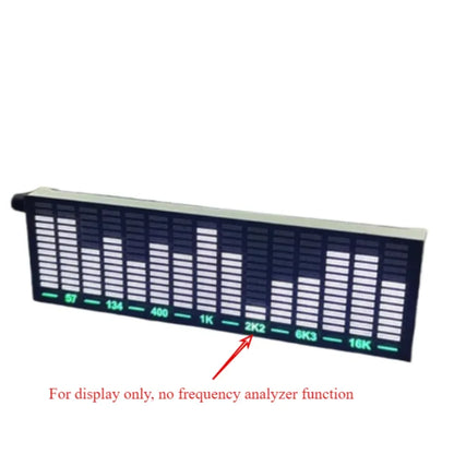 Black rectangular led sound-controlled music spectrum display with white bars and green frequency labels for ambient light atmospheric use